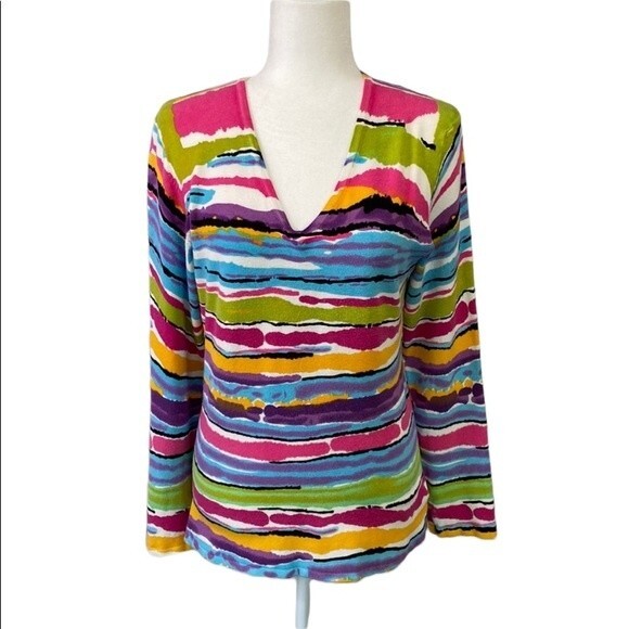 Cyrus Colorful Knit Pull Over Top V-Neck Long Sleeves Stretchy Soft - Picture 1 of 16